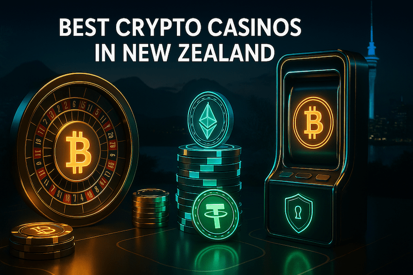 featured image for an article about the best bitcoin casinos in NZ, showing some popular tokens and a slot machine