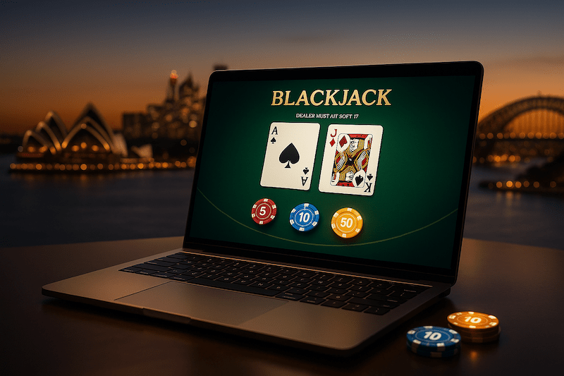Featured image for an article about playing online blackjack in Australia. You can see a computer screen showing a blackjack hand, with the Sydney Opera House in the background