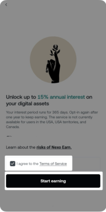 Agreeing to the daily interest terms in the Nexo mobile app