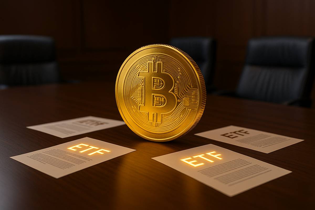 Bitcoin ทองคำบนโต๊ะประชุม รายล้อมด้วยเอกสาร ETF สว่าง