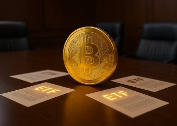 Bitcoin ทองคำบนโต๊ะประชุม รายล้อมด้วยเอกสาร ETF สว่าง