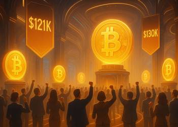 นักลงทุนฉลองในห้องโถงอนาคต ท่ามกลางรูปปั้น Bitcoin