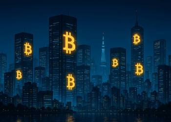 มหานครโตเกียวล้ำยุคกับตึกเรืองแสงโลโก้ Bitcoin