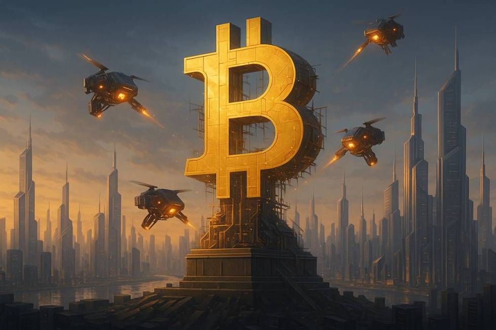 Bitcoin ยักษ์ถูกโดรนสร้างใหม่กลางมหานครอนาคต