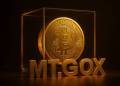 เหรียญ Bitcoin สีทองอยู่ในกล่องใสพร้อมตัวอักษร MT.GOX
