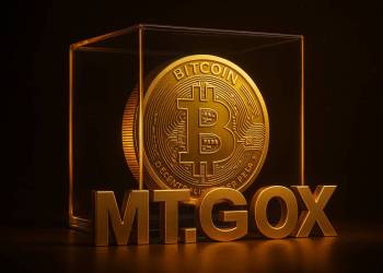 เหรียญ Bitcoin สีทองอยู่ในกล่องใสพร้อมตัวอักษร MT.GOX