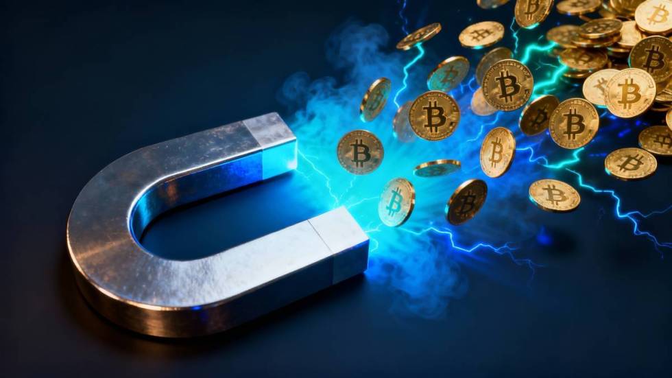 แม่เหล็กดึงดูดเหรียญ Bitcoin เปล่งพลังงานสีน้ำเงิน