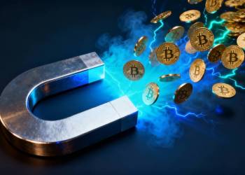 แม่เหล็กดึงดูดเหรียญ Bitcoin เปล่งพลังงานสีน้ำเงิน
