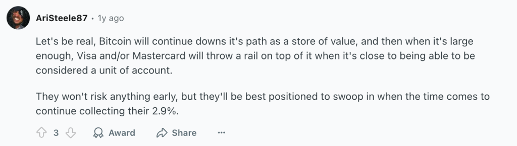 Bitcoin store of value post on Reddit.
