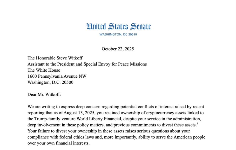 Senate Democrats Question Trump’s Special Envoy About Crypto Holdings In New Letter