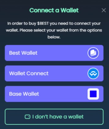 Wallet options to connect to crypto presale.