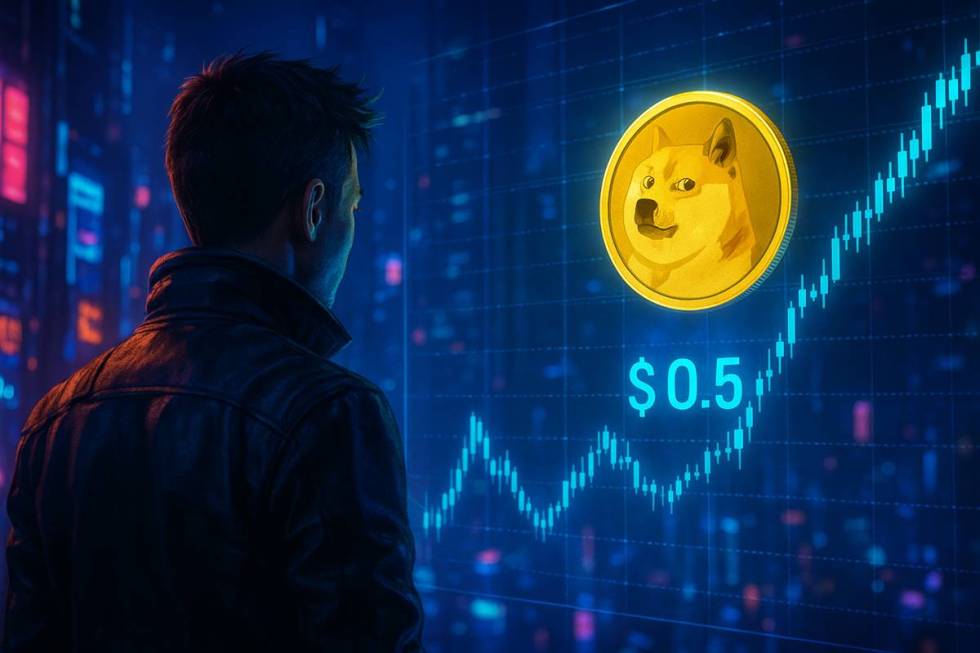 ชายสวมเสื้อหนังยืนมองเหรียญ Dogecoin ลอยหน้ากราฟดิจิทัล