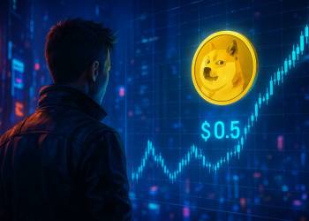 ชายสวมเสื้อหนังยืนมองเหรียญ Dogecoin ลอยหน้ากราฟดิจิทัล