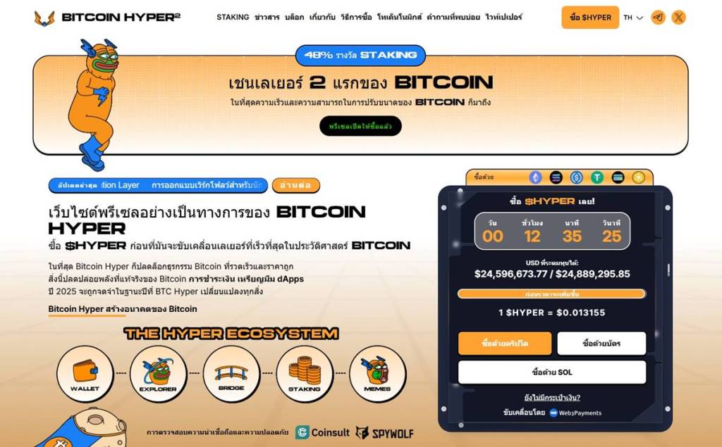หน้าเว็บ Presale ของ Bitcoin Hyper แสดงยอดและข้อมูลโทเค็น