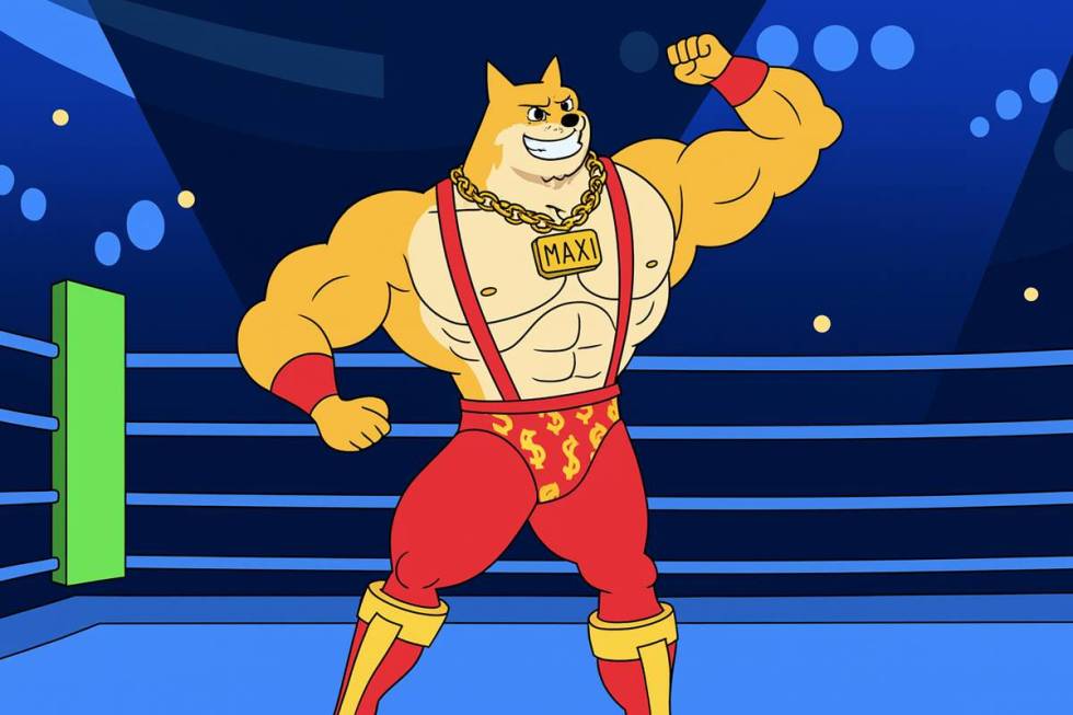 Maxi Doge นักสู้เหรียญมีมยืนโพสท่าในสังเวียนมวย