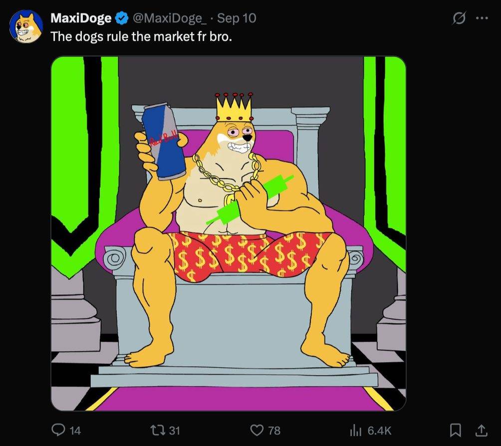 Maxi Doge นั่งบัลลังก์สวมมงกุฎ ถือเครื่องดื่มและแท่งเขียว