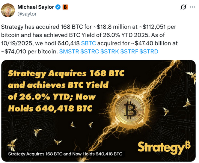 Michael Saylor’s post on X about Strategy’s newest $BTC purchase.