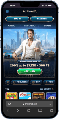 A mobile screenshot of Millioner CA high roller casino