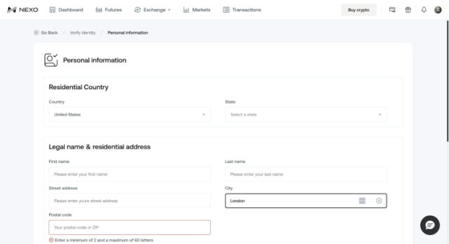 Personal information form on Nexo