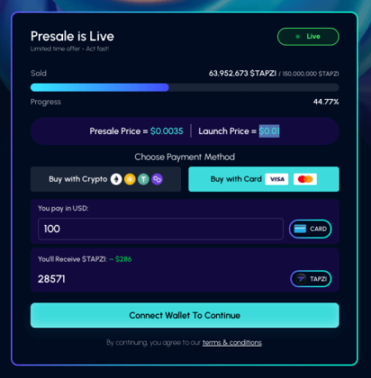 Tapzi's presale widget.