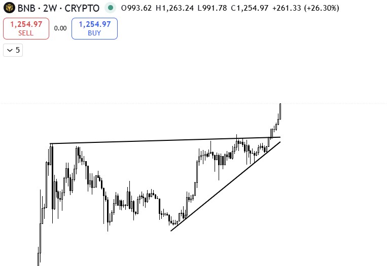 Gemini mencatat bahwa lonjakan harga BNB terjadi usai terjadinya breakout dari pola konsolidasi besar – yaitu pola ascending triangle yang terbentuk sejak Mei 2021.

Breakout dari pola jangka panjang seperti ini wajar jika menghasilkan reli satu arah seperti yang terlihat sekarang. Bahkan Gemini menekankan bahwa potensi kenaikan BNB kemungkinan masih belum berakhir.