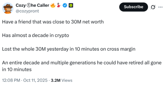 CosyTheCaller X post about negative leverage experience.