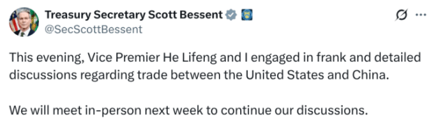 Bessent X post about U.S.-China meeting. 