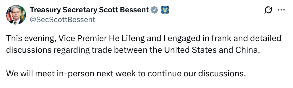 Bessent X-Beitrag über das Treffen zwischen den USA und China.