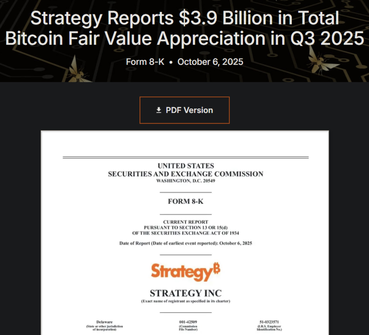 Das 8-K-Formular der Strategie, in dem ein Bitcoin-FVA von 3,9 Mrd. USD angekündigt wird