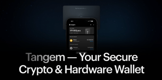 Tangem image showing the card and phone tap mechanism.