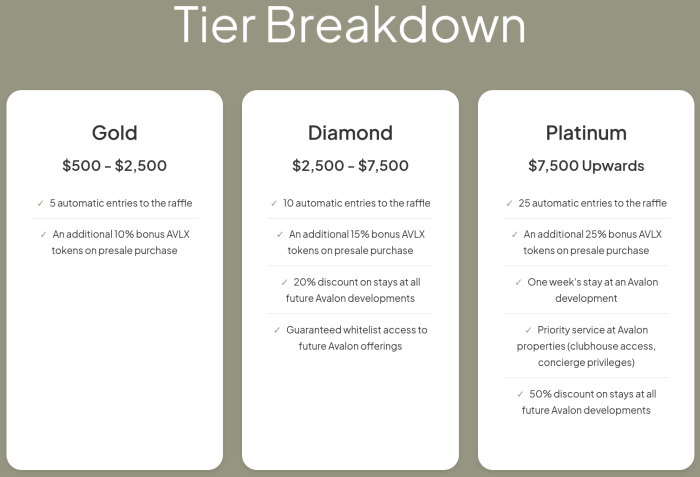 Tier plans for Avalon X crypto presale.