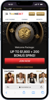 A mobile screenshot of Canadian high roller casino, Tooniebet