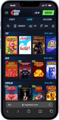 A screenshot of VegasHero CA high roller casino's mobile site