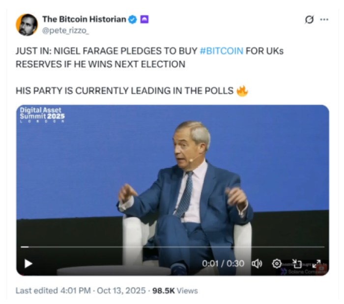 X post about Farage’s crypto pledge