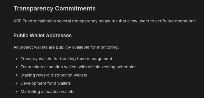 XRP Tundra transparency commitments and public wallet addresses.