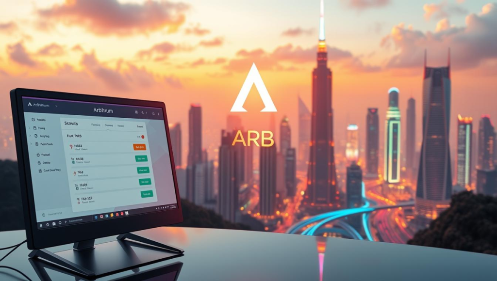 Энергичный визуал блокчейна с логотипом Arbitrum — как купить Arbitrum (ARB) быстро и безопасно.