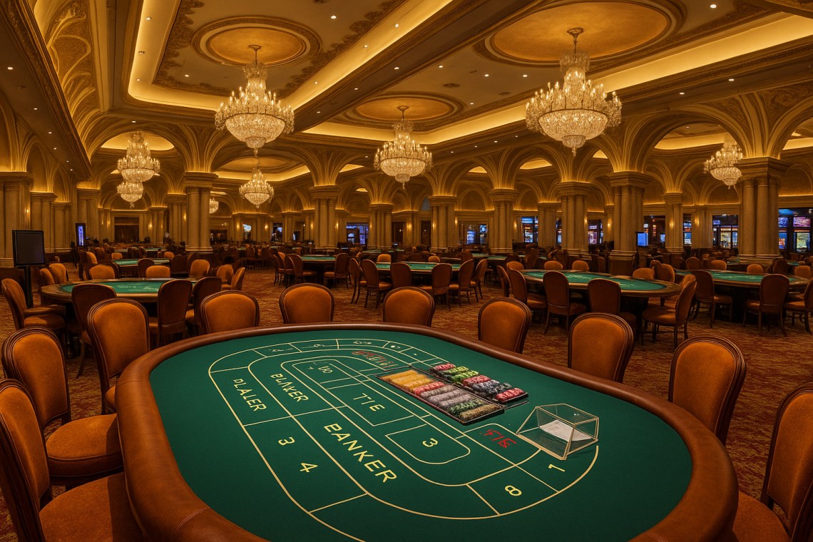 カジノに配置された豪華なバカラテーブルの様子｜バカラルール説明ホーム