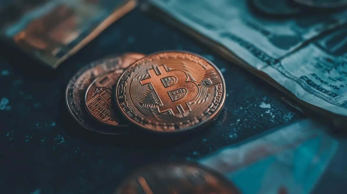 テーブルの上に並ぶビットコインと米ドル紙幣