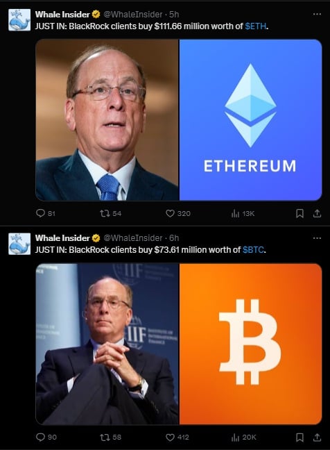 ブラックロックの顧客がETHとBTCを購入