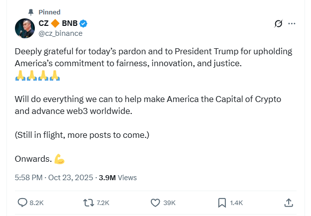 Trump pardons Binance founder CZ, according to X post.