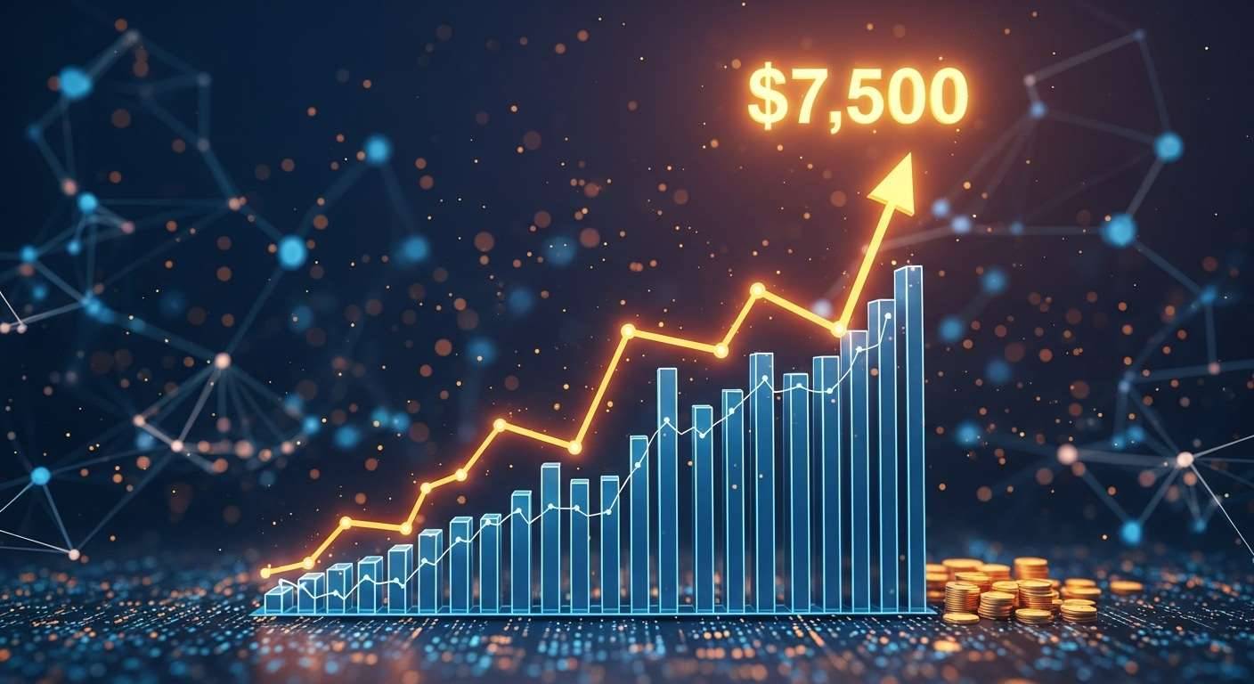 ภาพกราฟ ETH พุ่งขึ้นสู่เป้าหมาย $7,500 ในอนาคต สื่อถึงการเติบโตและมูลค่า