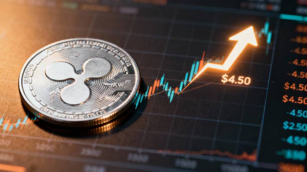 เหรียญ XRP วางบนกราฟราคาดิจิทัล พร้อมลูกศรชี้ขึ้นไปที่เป้าหมายราคา $4.50 ตามการวิเคราะห์ของ Gemini