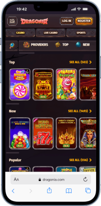 mobile screenshot of the Dragonia Casino game lobby, our top Gigadat casino for Canadian players