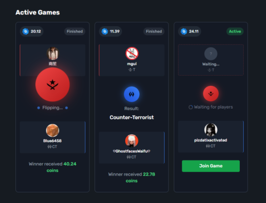 Active coinflip games on SkinsLuck.