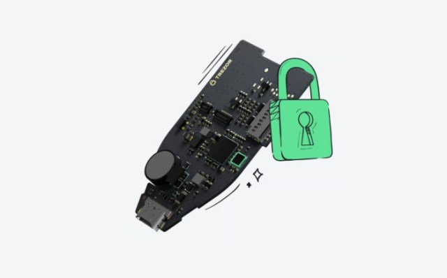 Trezor hardware circuit board with a padlock.