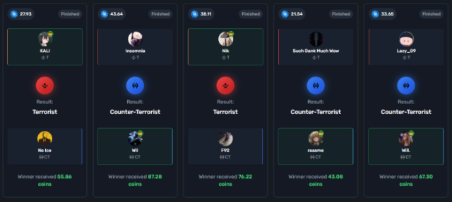 Completed SkinsLuck coinflip games.