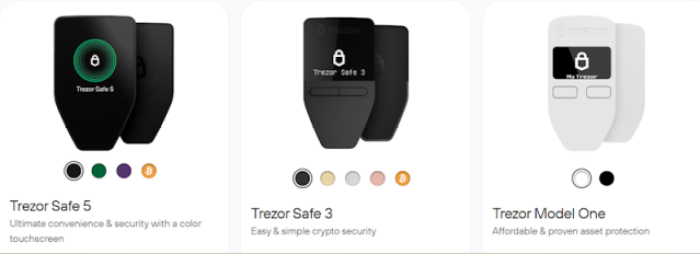 Trezor Safe 5, Safe 3, and Model One.