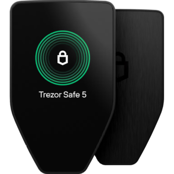 Trezor Safe 5 hardware wallet with a touchscreen.