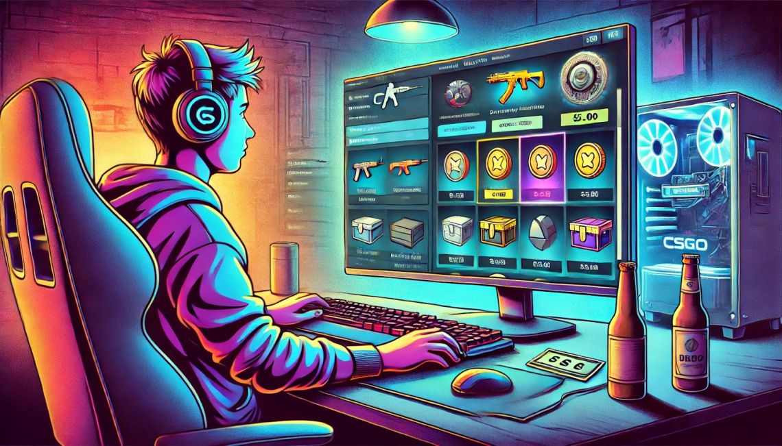 لاعب جيمر يلعب CSGO على كمبيوتر بأضواء نيون