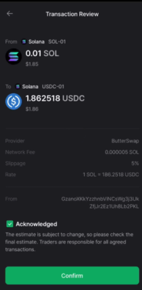 D’CENT mobile app showing an ongoing transaction.